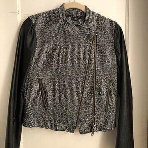 Theory moto jacket with leather sleeves and zippers